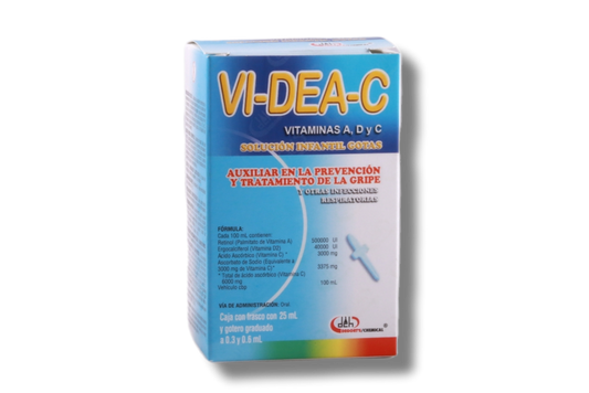 Vi-dea-C 25 ml Solución (gotas) Lab. Degort's Chemical (Retinol (Vitamina A), Ergocalciferol (Vitamina D2), Ascorbato de Sodio (Vitamina C), Ácido Ascórbico (Vitamina C))