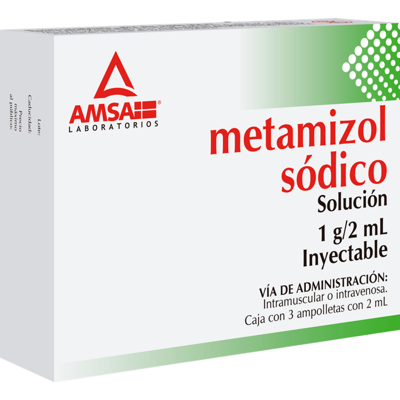 Metamizol sódico solución inyectable 3 ampolletas de 2 ml, Lab. Amsa (Metamizol sódico1g / 2m)