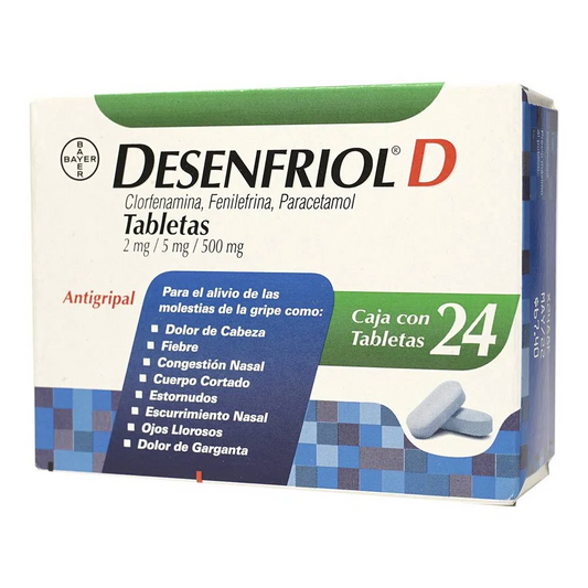 Desenfriol D 24 tabletas, Lab. Bayer (Clorfenamina 2 mg, Fenilefrina 5 mg, Paracetamol 500 mg)