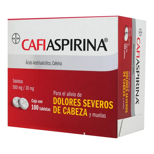 Cafiaspirina 100 Tabletas, Lab. Bayer (Ácido acetilsalicílico 500 mg, Cafeína 30 mg)