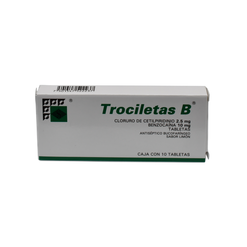 Trociletas B 10 tabletas, Lab. Serral (Cloruro de cetilpiridino 2.5 mg, Benzocaína 10 mg)