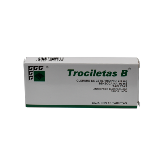 Trociletas B 10 tabletas, Lab. Serral (Cloruro de cetilpiridino 2.5 mg, Benzocaína 10 mg)