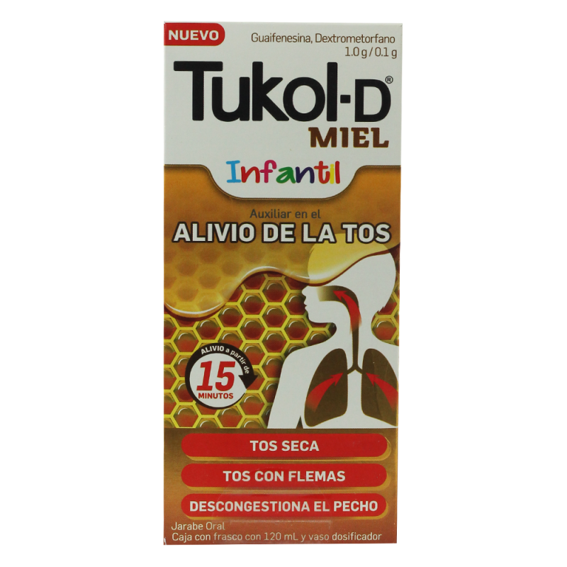 Tukol-D Infantil Miel Jarabe 120 ml, Lab. Genomma Lab (Guafenesina 1 g, Dextrometorfano 0.1 g / 100 ml)