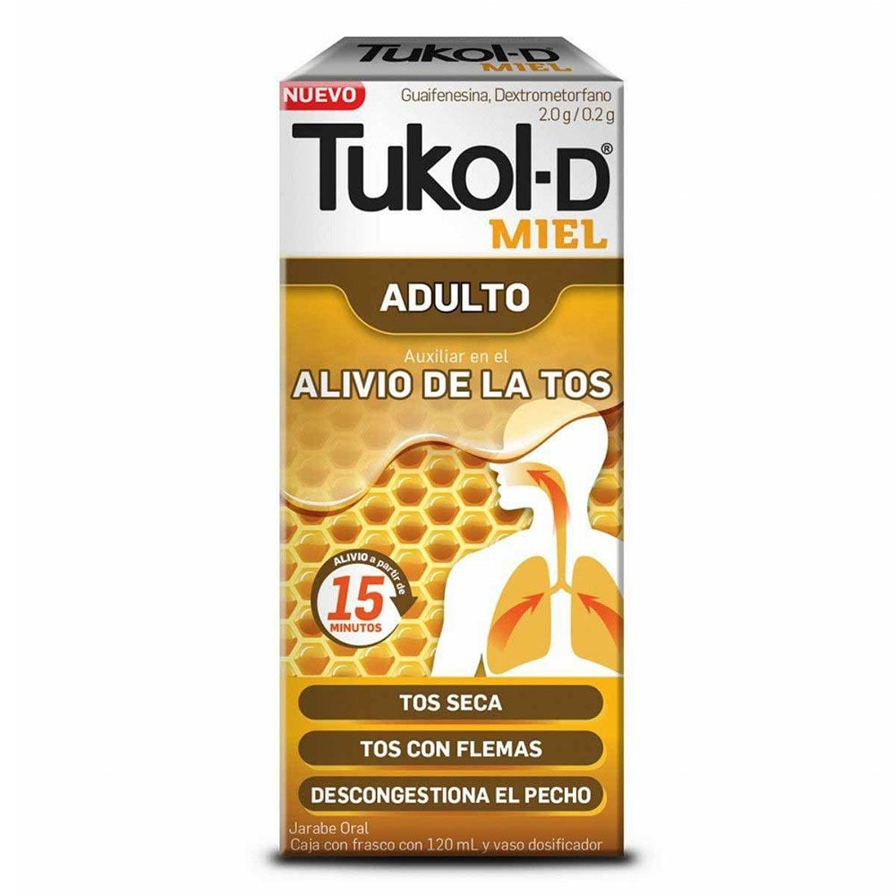 Tukol-D Miel Jarabe 120 ml, Lab. Genomma Lab (Guaifenesina 2 g, Dextrometorfano 0.2 g / 100 ml)