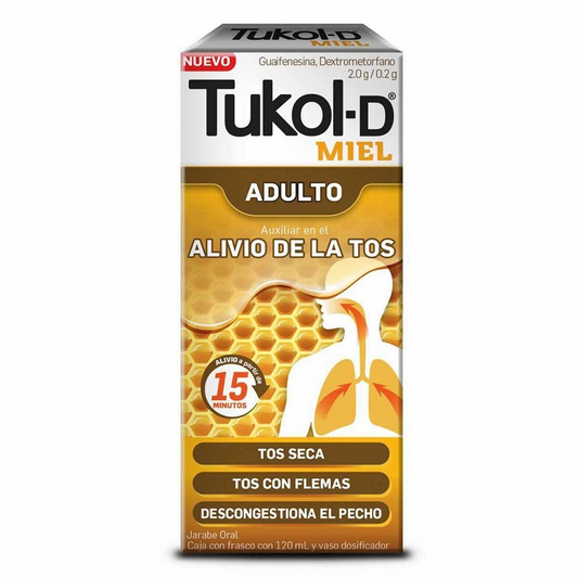 Tukol-D Miel Jarabe 120 ml, Lab. Genomma Lab (Guaifenesina 2 g, Dextrometorfano 0.2 g / 100 ml)